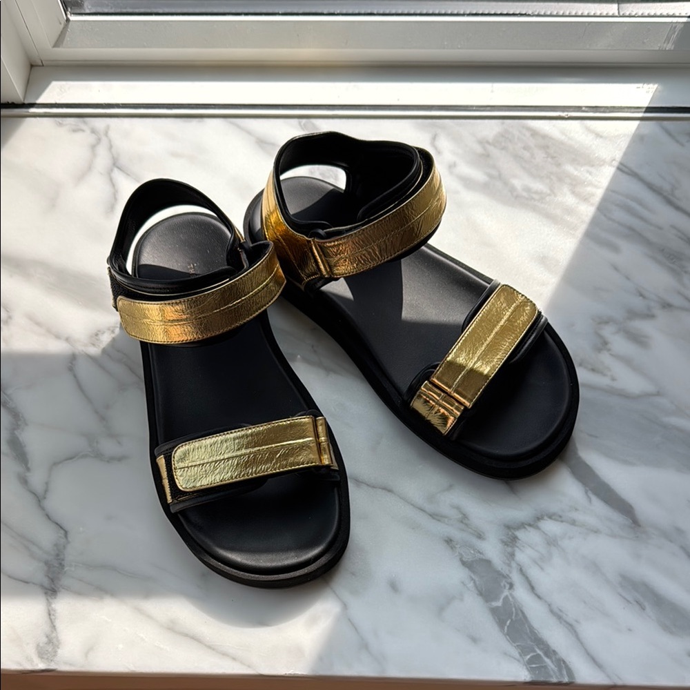 The Row Gold and Black Sandals with Metallic Straps